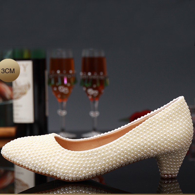

New Arrived Women's Luxury Pearl Round Toe Wedding Shoes Fashion Waterproof Bridal Shoes Low Heel Dress Shoes Free Shipping, White
