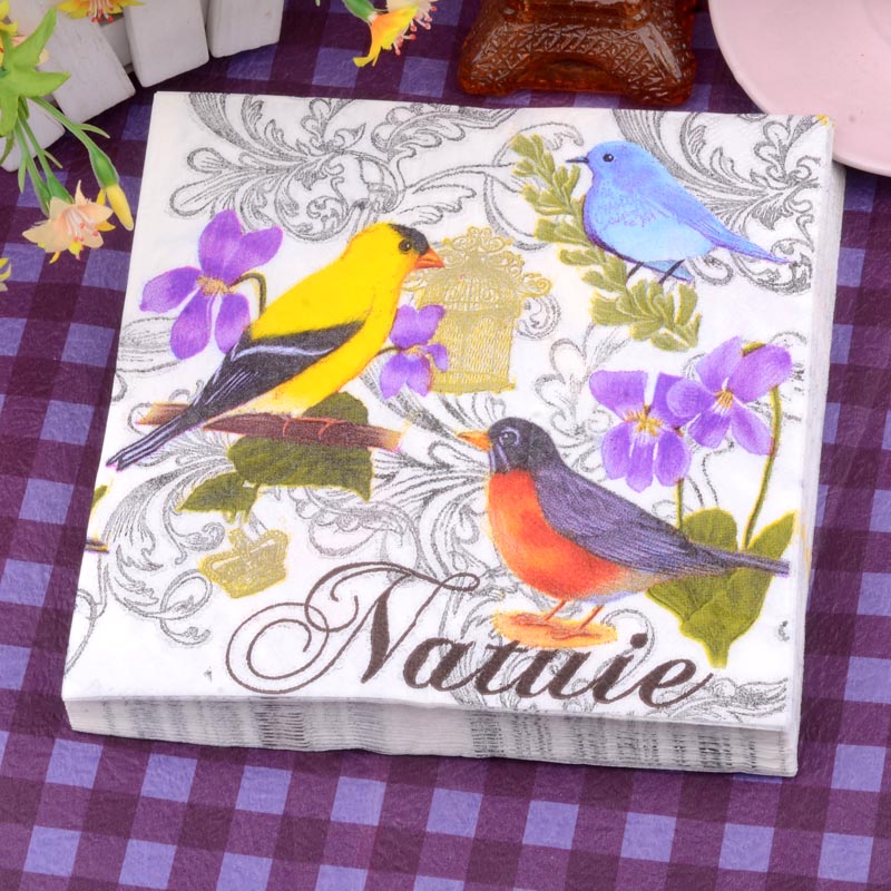 

Wedding Decorative Paper Napkin Placemats Color Birds Flower 100% Virgin Wood Handkerchief Serviettes for Sale SD916, Multi