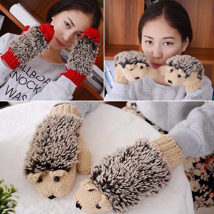 

Fashion Gloves novelty winter outdoor female women full finger woman's Cartoon Mittens hedgehog knitted cute cotton Warm 9 Colors DHL Free