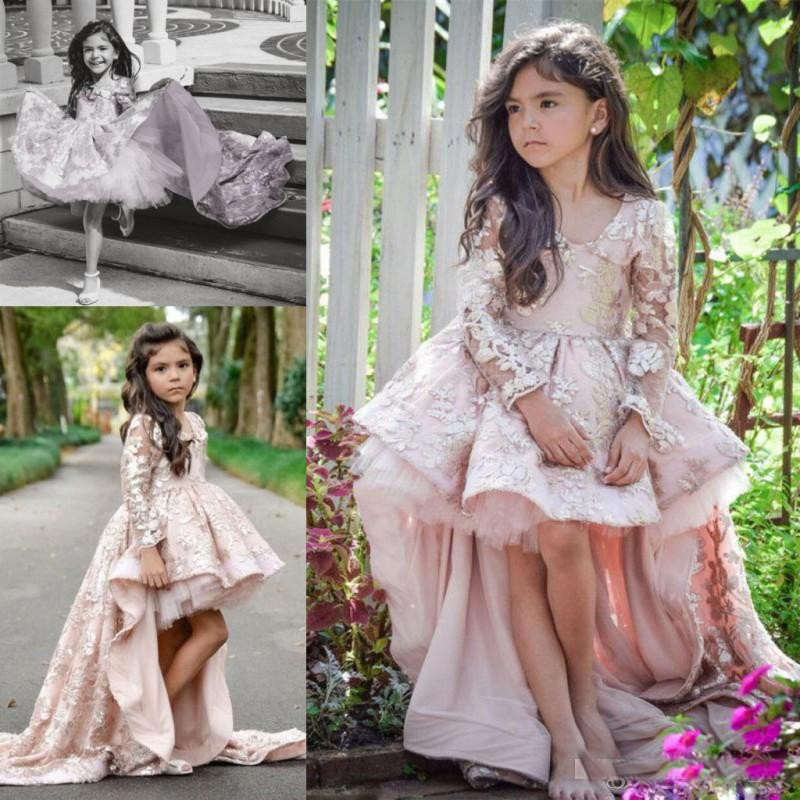 

2019 Hi-Low Long Sleeve Flower Girls' Dresses Lace Applique Ruched Toddler Girls Pageant Gowns Child Kids Formal Party Wear, Purple