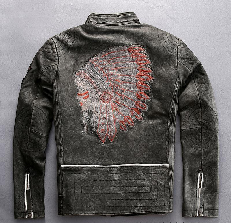 

Good feedback Marbobo Classic motorcycle leather jackets vintage brown Indian head Embroidery back stand collar 100% genuine leather