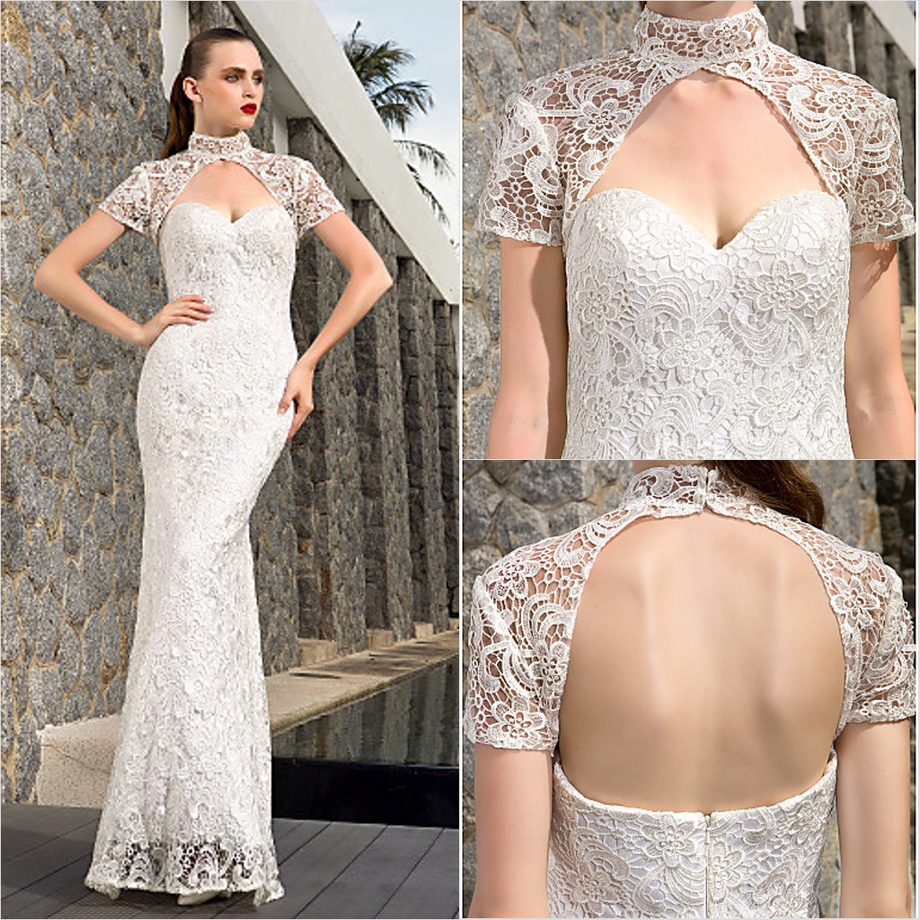 

2016 New Fashion Classic Popular Free Shipping Ivory Short Sleeve Backless Floor-length High Neck Lace Sheath/Column Wedding Dresses 156, White