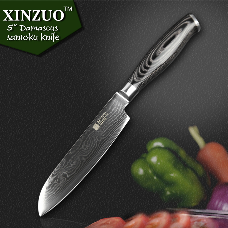 Wholesale-HIGH QUALITY 5" Japanese VG10 Damascus Steel Chef Knife Kitchen Santoku With Forged Color Wood Handle FREE SHIIPPING Knives