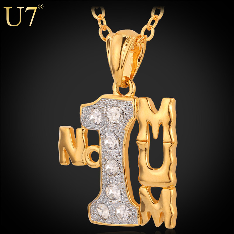 Mother's Gift For Mum Free Shipping 18K Real Gold Plated Rhinestone "MUM NO.1 " Necklaces & Pendants Women Jewelry Love P540-image-246033365