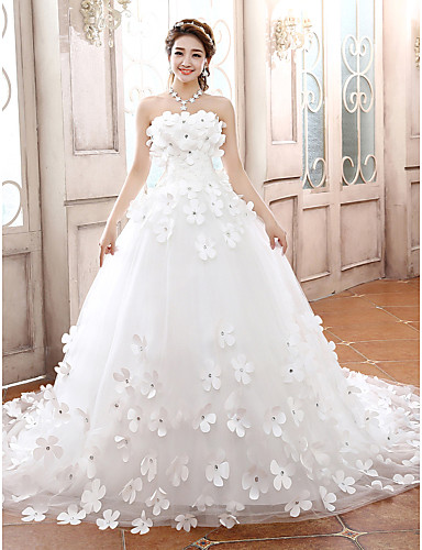 

2016 New Hot Fashion Free Shipping Elegant Ball Gown Strapless Lace-up Flowers Tulle Chapel Train Wedding Dresses 100, White