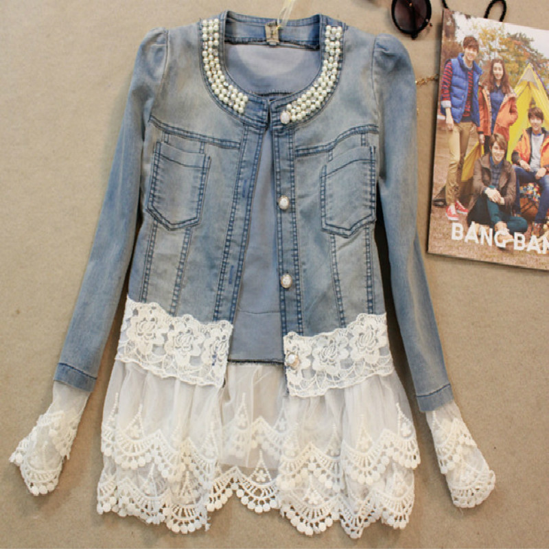 

Wholesale- Autumn new 2017 big staple beads lace stitching cowboy jacket female long sleeve shirt denim jacket jeans jacket women A646, Denim blue
