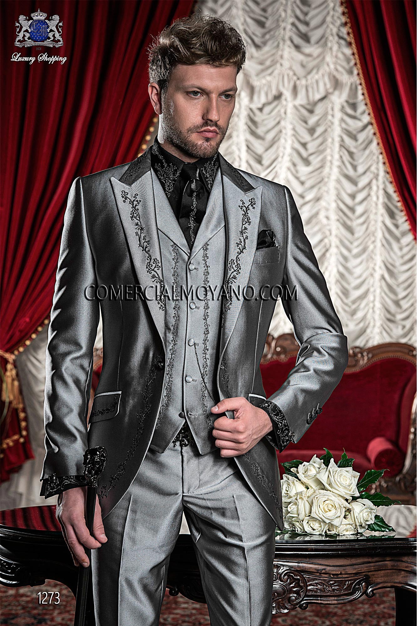 

New Stylish Slim Fit Silver Grey Groom Tuxedos Peaked Lapel Embroidery Haut Men's Wedding Dress Prom Clothing(Jacket+pants+Tie+Vest), Same as image