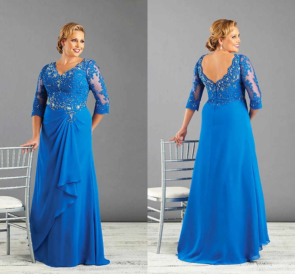 

Plus Size Special Occasion Dresses Crystal Lace V-Neck 3/4 Sleeves Backless Evening Gowns Chiffon Floor Length Mother Of The Bride, Purple
