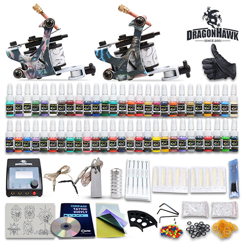 

Complete Tattoo Kit needles 2 Machine Guns Power Supply 54 Color Inks D100GDD-6