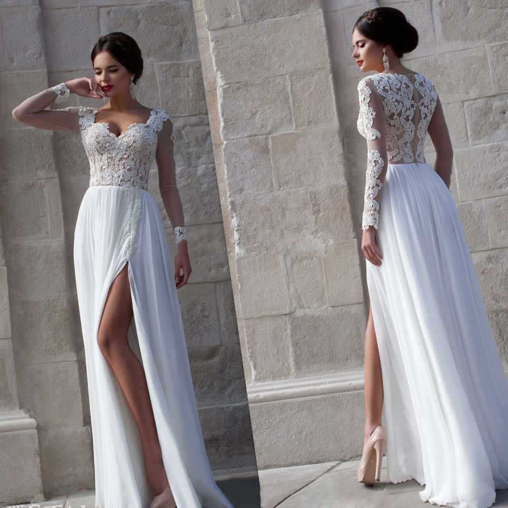 

Saudi Arabic Long Sleeves Wedding Dresses Sexy High Side Split Lace Appliques Dubai Wedding Gowns Long Chiffon Summer Beach Bridal Dress, White
