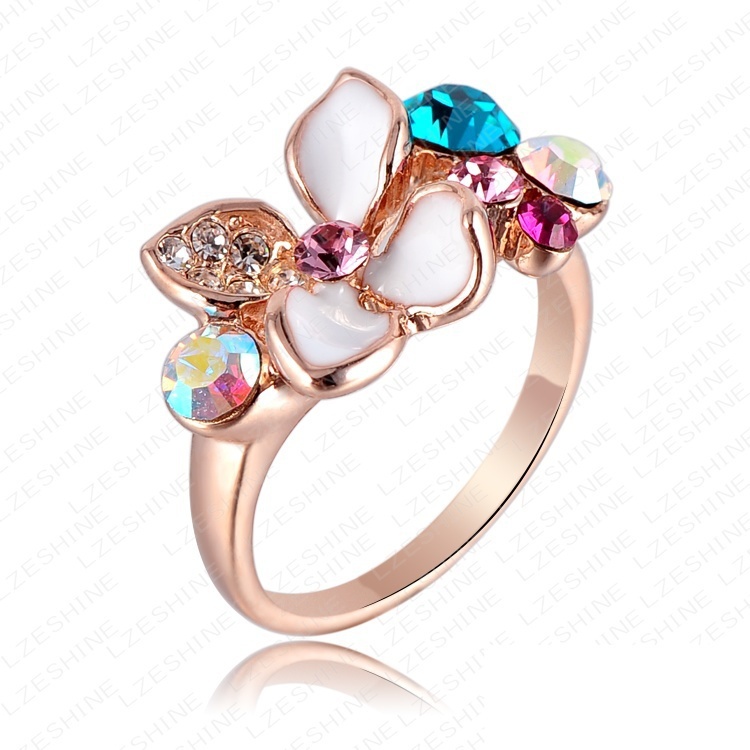 Fashion Women Wedding Ring Multicolor Austrian Crystals SWA Elements Rings18K Rose Gold Plate White Enamel Flower Ring NR009
