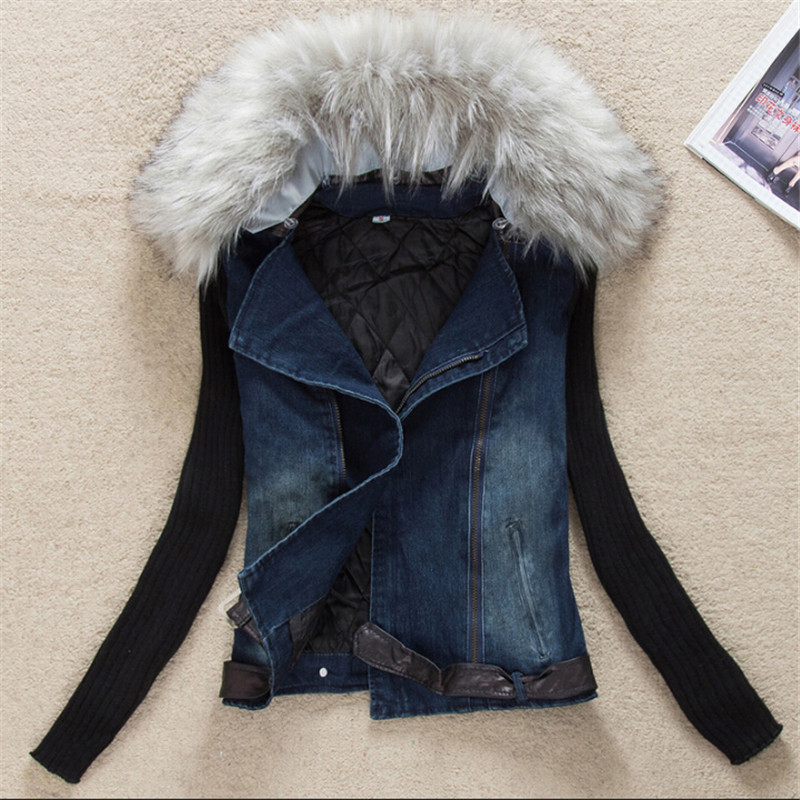 

Wholesale- Women Denim Jacket Vintage Autumn Spring With Fur Collar Female Long Sleeve Fashion Coat And Jackets Wt1154, Yellow collar
