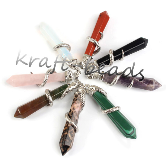 

wholesale 10Pcs Charms Silver Plated Mixed Gemstone Quartz Crystals Beads hexagon winding Snake Stone pendulum Pendant Jewelry