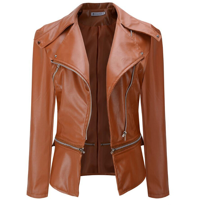 

New Cool Women Leather Jacket Rivet Zipper Motorcycle Jacket Turn Down Collar chaquetas mujer Argyle pattern Leather Coats, Dark yellow