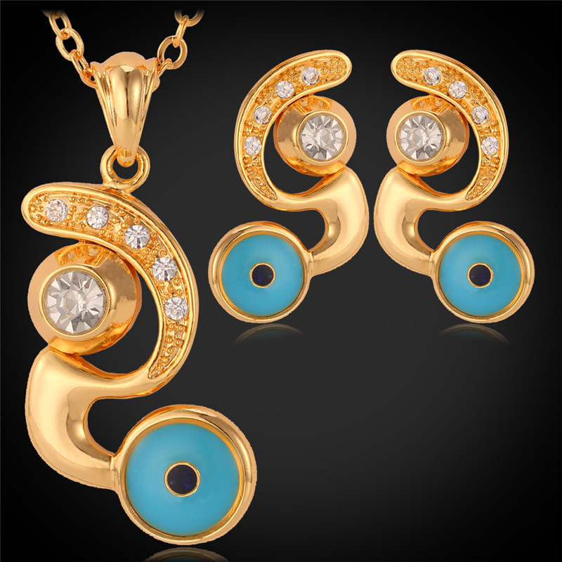 18k Gold Plated Blue Evil Eye Pendant Earrings Choker Necklaces Pendants Women Jewelry Set Rhinestone Jewellery-image-167248131