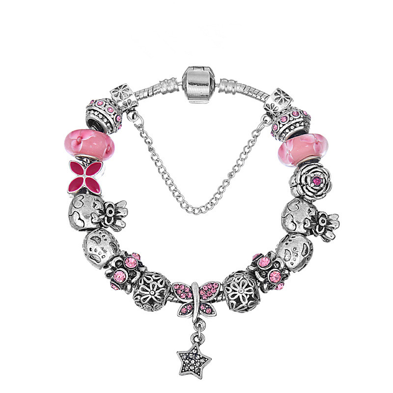 

Fashion Pandora Style Charm Bracelets with Pink Butterfly Charms & Star Dangles European Snake Chain Bangle Bracelets for Women BL129