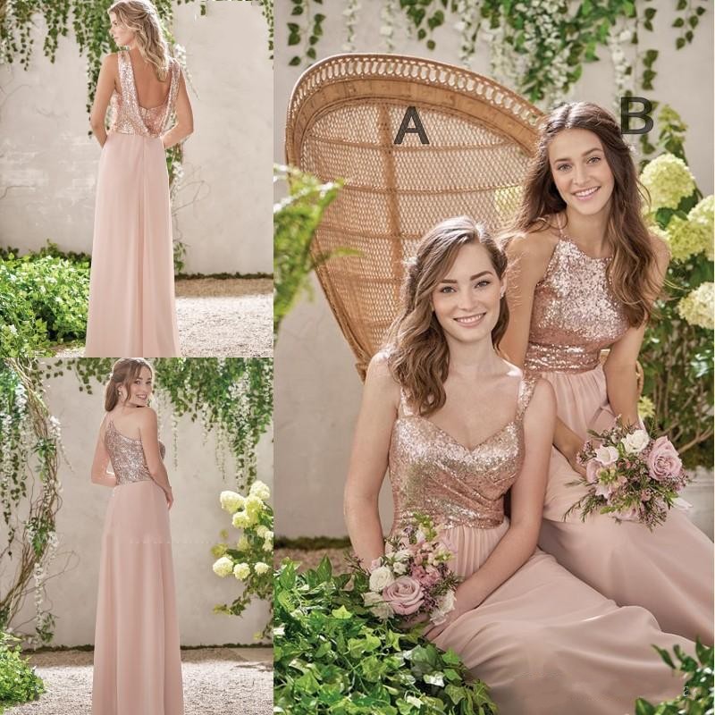 

Cheap Rose Gold Bridesmaid Dresses A Line Spaghetti Backless Sequins Chiffon Cheap Long Beach Wedding Gust Dress Maid of Honor Gowns