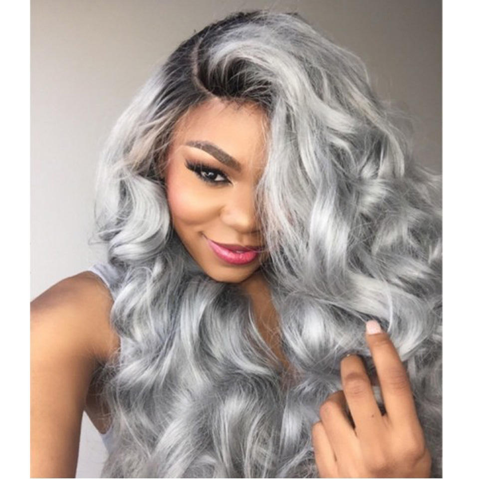 

Hot Brazilian Ombre grey full lace human hair wigs wavy silver gray glueless front lace wigs 130% density with Bleached knots gray wig, Ombre color