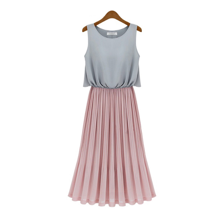 En gros-2015 été classique longue robe dames en mousseline de soie sans manches et O-cou femmes casual robe plissée vente chaude 6668