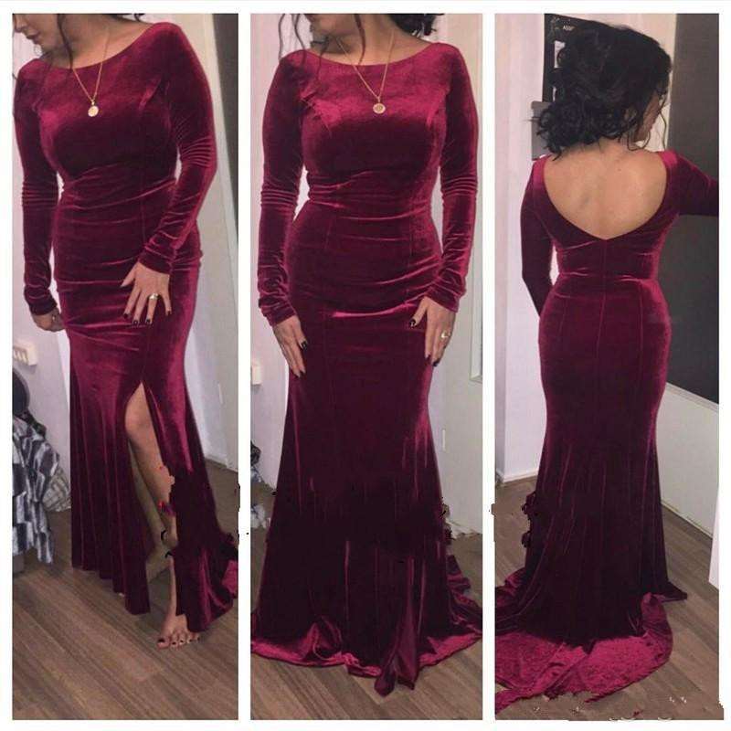 

Burgundy Velvet Long Sleeves Evening Dresses 2018 Sexy Backless Mermaid Formal Dress Side Split Cheap Prom Party Gown Abendkleider, White