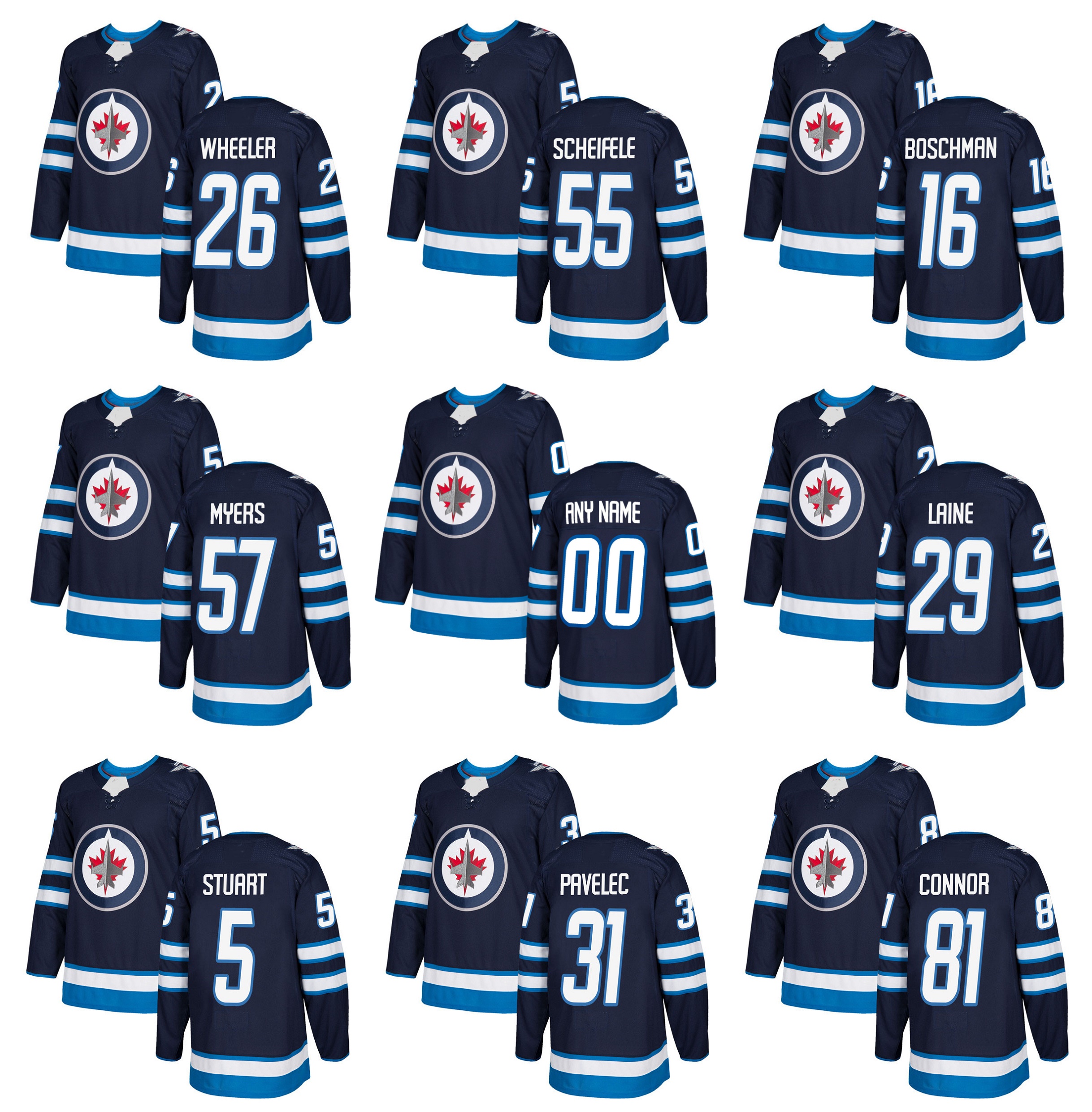 

2018 Season Custom Winnipeg Jets Hockey Jersey 29 Patrik Laine 55 Mark Scheifele 33 Dustin Byfuglien 26 Blake Wheeler 57 Myers 31 PAVELEC, Blue