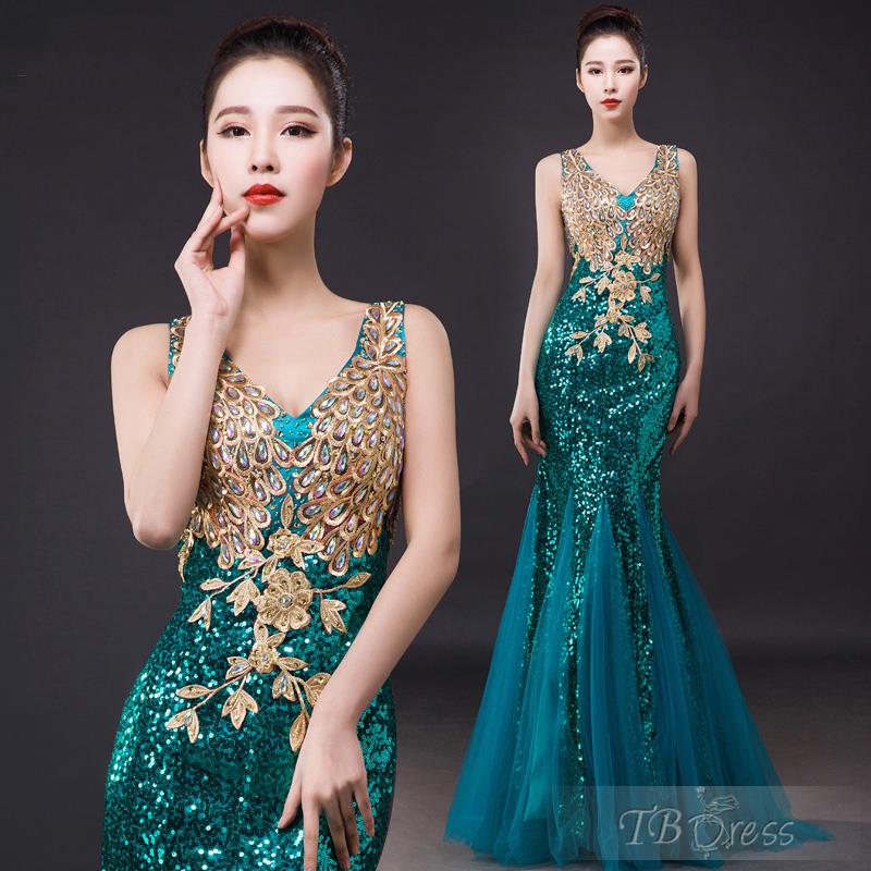 

2016 Hot Sale Fashion New Arrival Charming Free Shipping V-Neck Mermaid Sequins Appliques Floor-Length Tulle Evening Dresses 1115, Same as picture