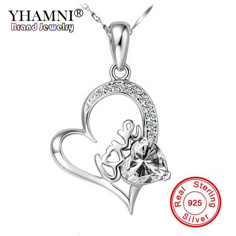 

YHAMNI Fashion Women's 100% Real 925 Sterling Silver Necklace Set Cubic Zirconia Heart CZ Pendant Necklace for Women D0141