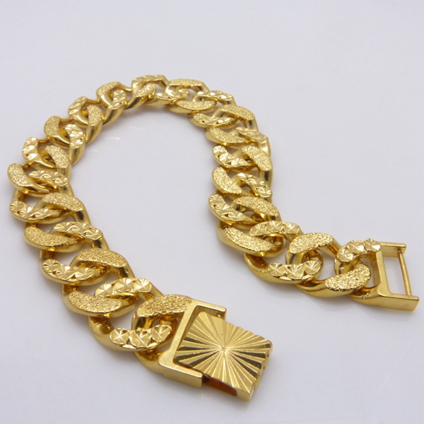 Carved Wide Wristband Chain 24k Yellow Gold Filled Mens Bracelet Chain 8.6"-image-269934685