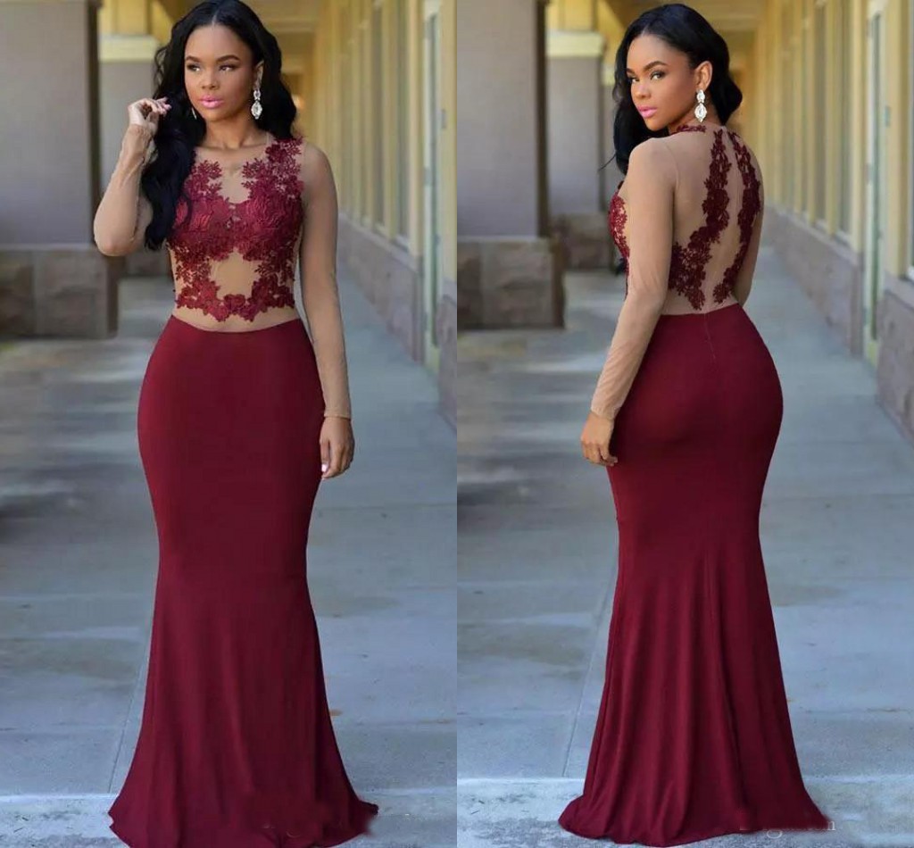 Burgundy Sheer Long Sleeves Bridal Party Evening Dresses Applique Lace Satin Floor Length Plus Size Prom Gown Arab