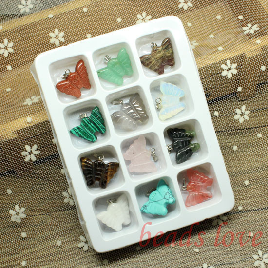 WHOLESALE 12pcs Mix Multi-style Carved butterfly Natural Stone Charms Finding Pendants 20mm*24mm (W02748)-image-216094406