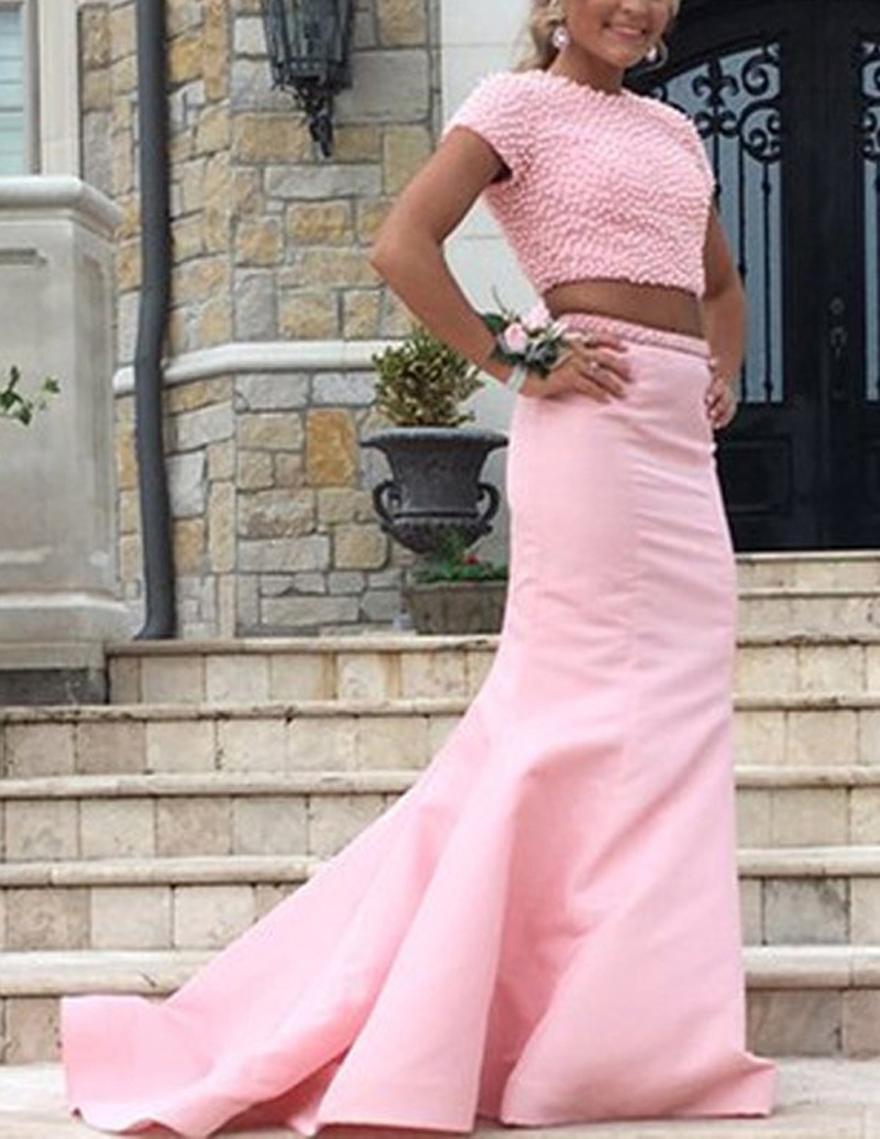 

2019 New Fashion Crew Neck Women Prom Dresses Sexy Mermaid Court Train Two Pieces Evening Dresses Girls Top Heavy Pearls School Party Gowns, Gold