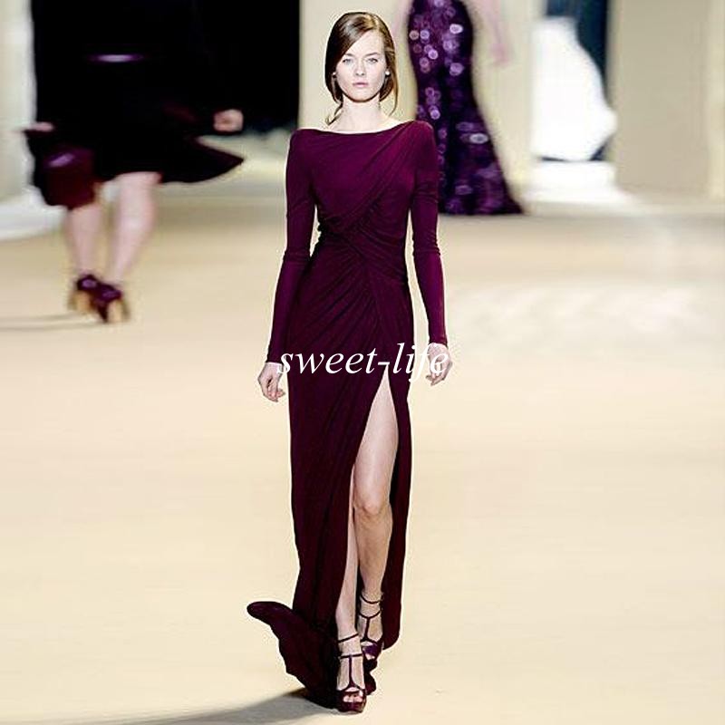 

Elie Saab Long Sleeves Evening Dresses 2019 Sheath Ruched Bateau Open Back Split Floor Length Cheap Celebrity Party Dress Prom Gowns, Burgundy