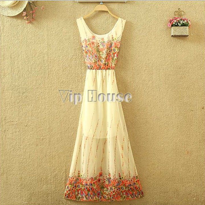 

2014 New Arrival Summer Women Dress Sexy Chiffon Vintage Fashion Print Ladies Long Dresses SV05 SV009736, Beige