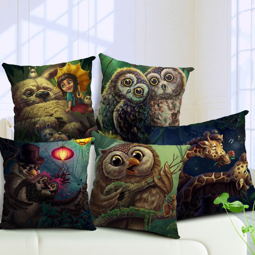 

Square Pillow Cover Forest Owl Lovers Cushion Cover Cotton Linen Cartoon Print Giraffe Owl Pillow Case 45cm*45cm