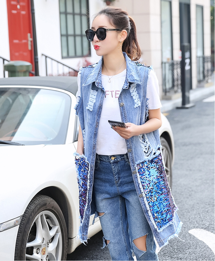 Wholesale- 2017 New Holes Back Sleeveless Spring Summer Tanks Sequins Large Pockets Women Long Vintage Denim Jacket