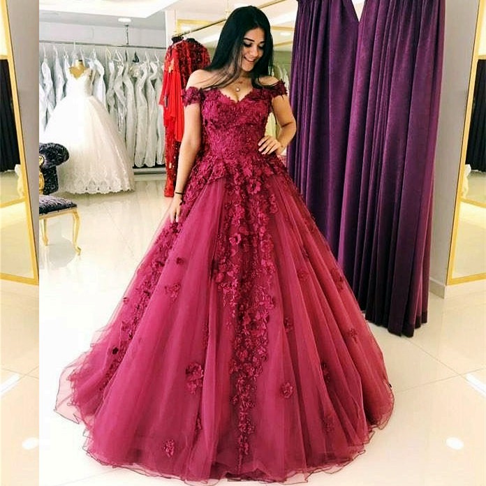 

Burgundy Off the Shoulder Evening Dresses Lace Appliques 3D Floral Lace-up Back Ball Gown Quinceanera Dress Party Evening Wear, Yellow