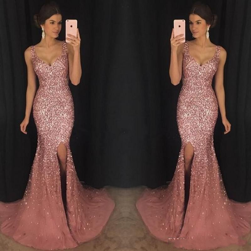 

Luxury Rose Pink Bling V Neck Mermaid Formal Prom Dresses Crystal Beaded Pageant Dress Major Beading Split Sweep Train Evening Dress Wear, Ivory
