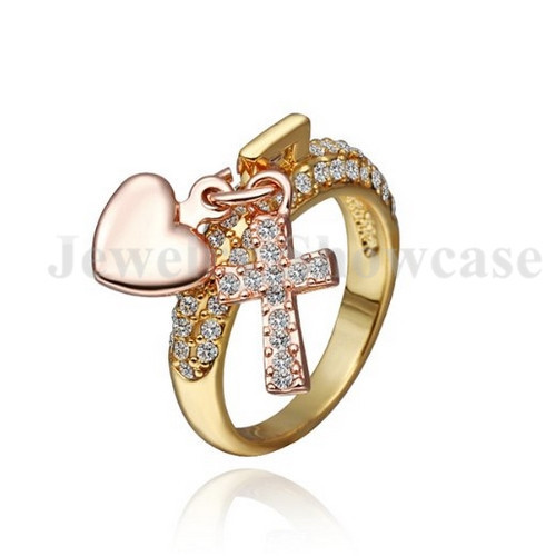 

Rose Gold Clear CZ Heart and Cross Charms Pendants Band Ring US Size 8