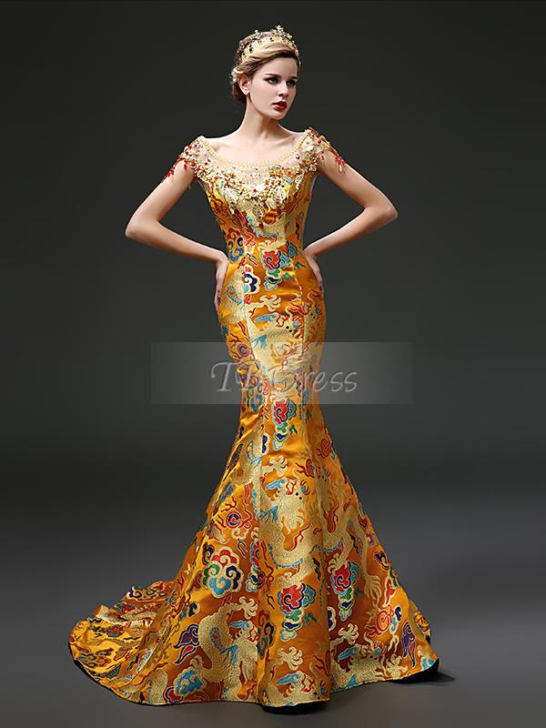 2016 vente chaude mode nouvelle arrivée charmante livraison gratuite rond sirène style chinois de style chinois gragon train train gold satin rob