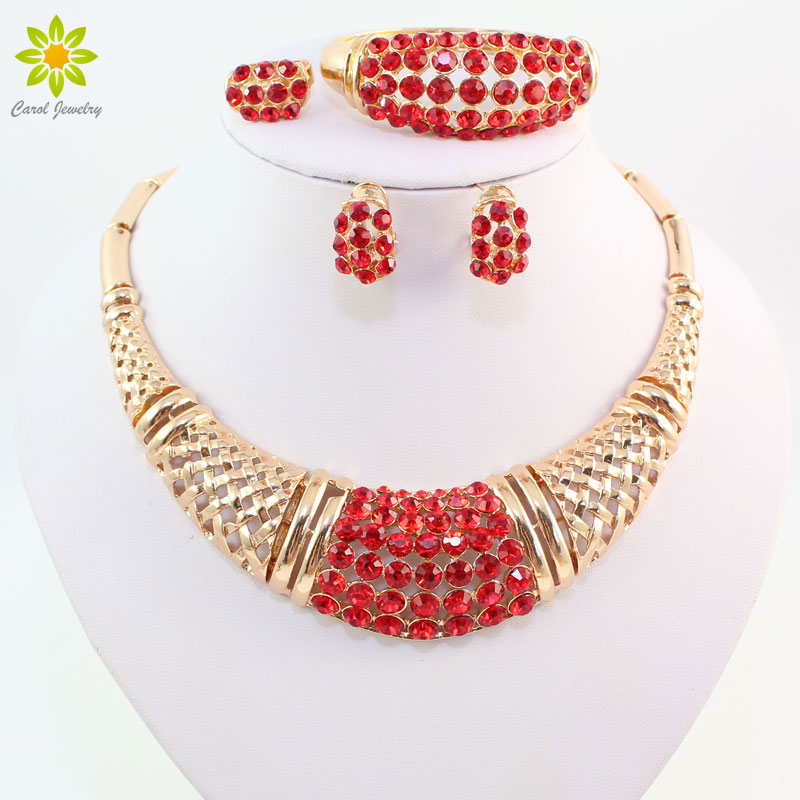 

Wedding African Beads Jewelry Set 18K Gold Plated Fashion Party Bridal Rhinestone Necklace Earring Sets Bangle Ring Accessories