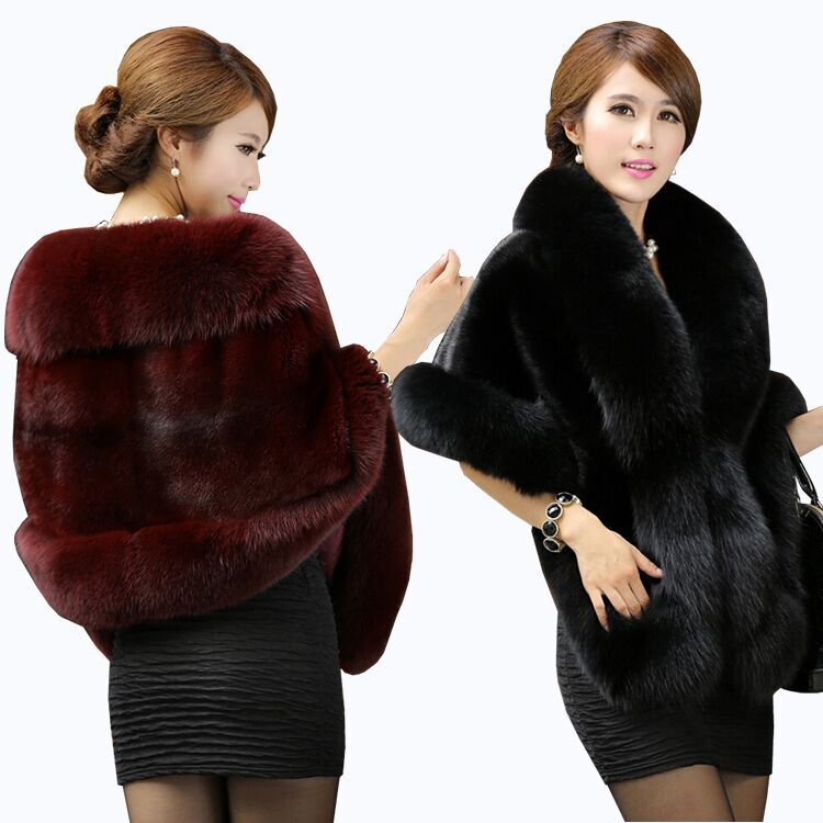 

Luxurious Faux Fur Bridal Shawl Fur Wraps Marriage Shrug Coat Bride Winter Wedding Party Boleros Jacket Cloak Burgundy Black White Red, As pictures