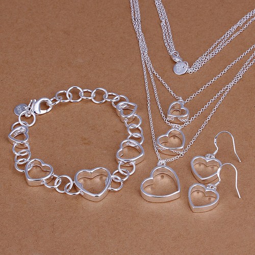 

Empty heart shape 31g Sterling silver plate jewelry set fit women S79,925 silver necklace pandent bracelet earring,Wholesale retail