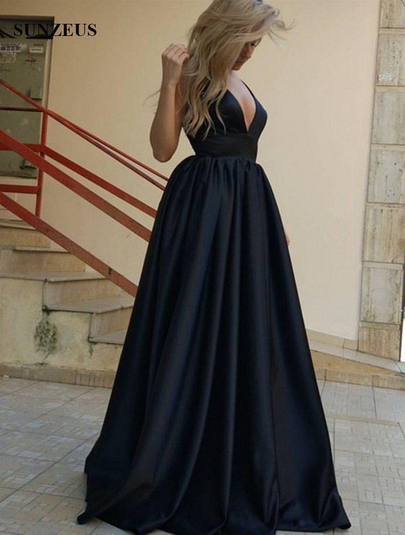 

Black Satin Prom Dress A-line Deep V-neck Backless Party Gowns Simple Long Special Occasion Dress Free Shipping, Yellow