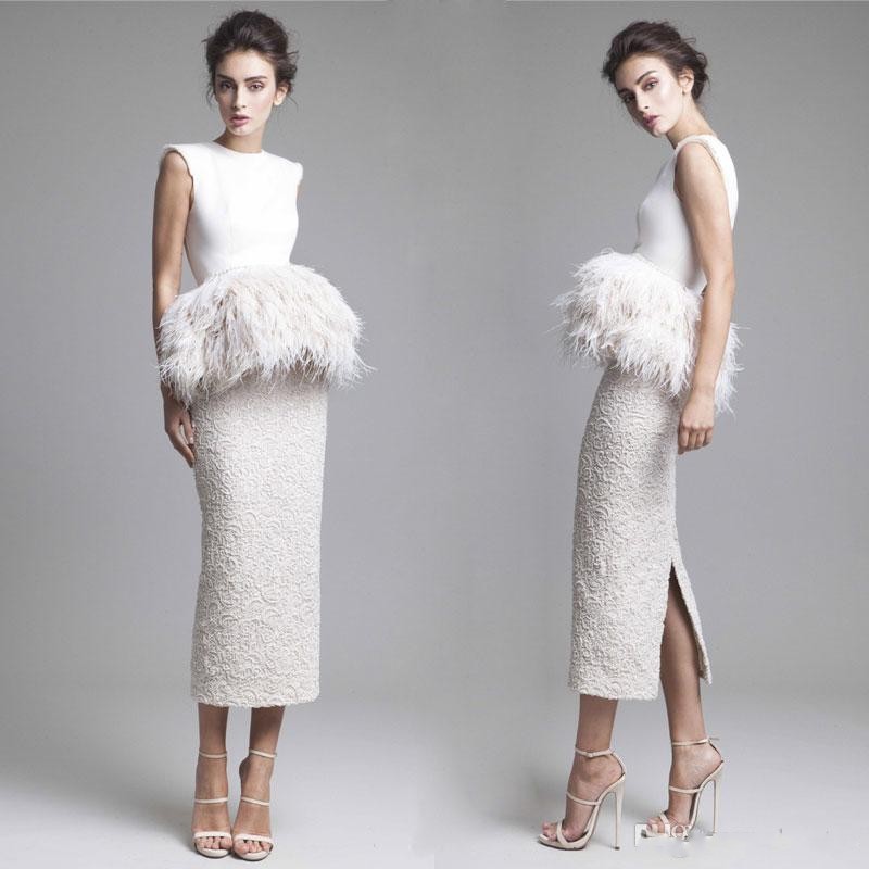 

Latest 2016 Krikor Jabotian Evening Dresses Sleeveless Jewel Neck Satin Lace Feathers Prom Gowns Tea-length Pencil Cut Vestidos De Noiva, Light yellow