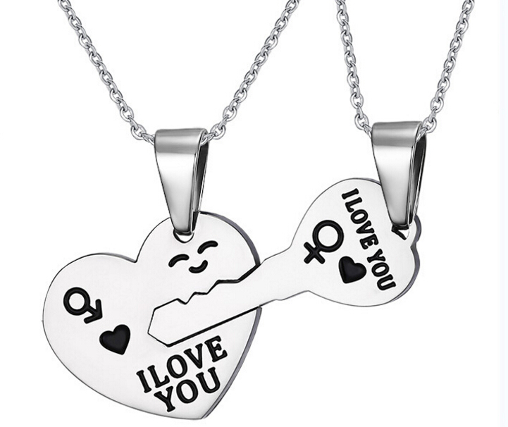 

316L Stainless Steel Silver Heart and Key Puzzle Pendants Necklace for Couple I Love You Pendant