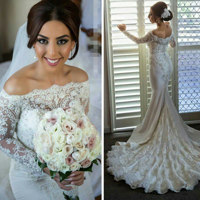 

Luxury Lace Arabic Mermaid Wedding Dresses with Long Sleeve Appliques Pearls Dubai Bridal Gowns Court Train Pakistani Vestido De Noiva, Champagne