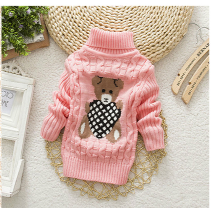 

Turtleneck Warm Outerwear Boys Sweater Cartoon Baby Girls Sweater Jumper Autumn Winter Kids Knitted Pullovers Children Clothes, Pink