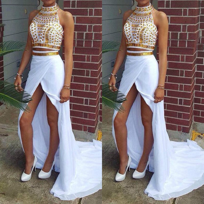 

Fashion Gold and White Two Pieces Prom Dresses High Neck Halter Sleeveless Crystals Sexy High Split Chiffon Long Train Evening Gowns, Chocolate