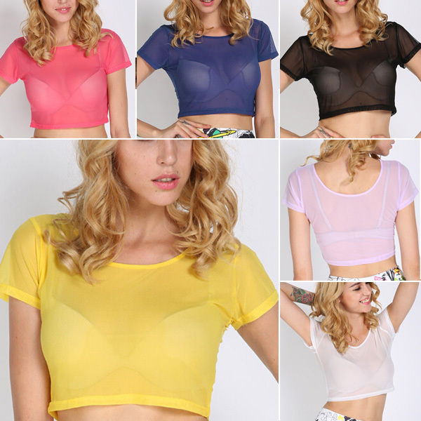 

Newest Summer Sexy Sheer Mesh Crop Tops Women Party Crop T-shirt Short Sleeve Blouse, Purple