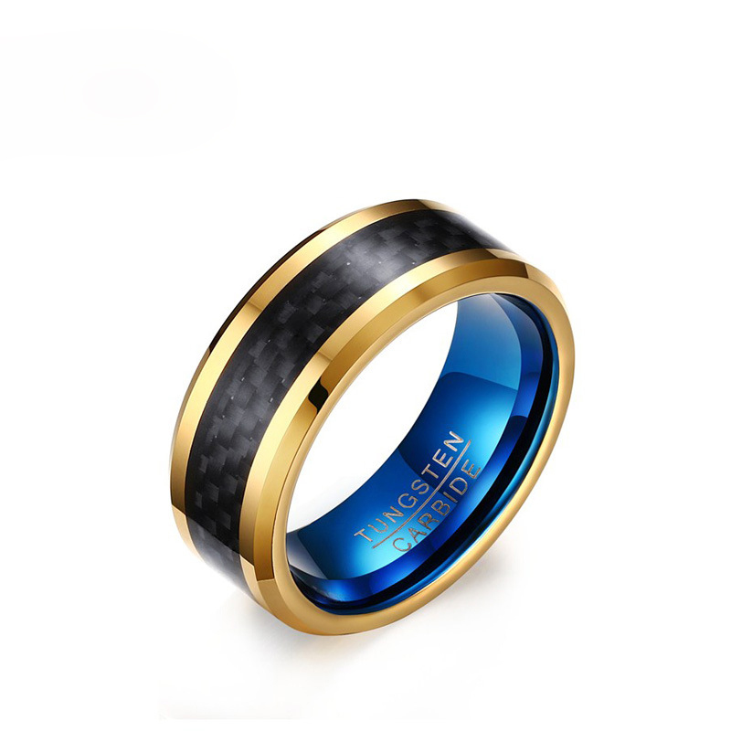 

EURO-US Fashion Mens Ring 8MM Blue Golden Tungsten Carbide Ring for Men Jewelry With Black Carbon Fiber US Size 7-12